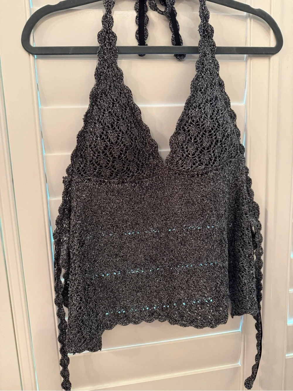 BECCA Metallic Gray Crochet Bikini Top and Black Bottom Set With Swim Skirt